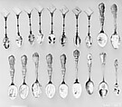 Souvenir spoon with street scene in Oviedo and finial in form of a postage stamp, Gilt and enamel, European