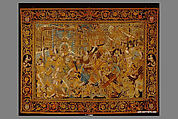The Abduction of Helen from a set of The Story of Troy, Probably based on a woodcut by Bernard Salomon (French, ca. 1508–ca. 1561), Cotton, embroidered with silk and gilt-paper-wrapped thread, pigment, Chinese, Macao