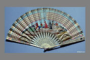 Fan, Fernando Coustellier and Co., Hand-colored etching on paper; painted parchment (verso); ivory, silver, French, Paris