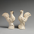 Pair of game cocks, Salt-glazed stoneware, British, Staffordshire