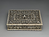 Casket, Ebony and engraved ivory, tortoiseshell; mirror glass; silver hardware; brass feet; iron lock, Indian, Vizagapatam