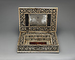 Casket, Ebony and engraved ivory, tortoiseshell; mirror glass; silver hardware; brass feet; iron lock, Indian, Vizagapatam