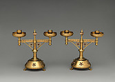Candlestick (one of a pair), Bruce J. Talbert (British, Dundee, Scotland 1838–1881 London), Wrought brass, inset with cabochons and quartz, British