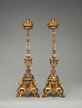 Altar candlestick (one of a pair), Bronze, fire-gilt; rock crystal, Italian, possibly Rome