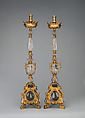 Pair of altar candlesticks, Bronze, fire-gilt, rock crystal, Italian, possibly Naples