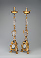 Pair of altar candlesticks, Bronze, fire-gilt, rock crystal, Italian, possibly Naples