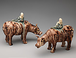 Water buffalo and reclining Chinese figure (one of a pair), Style of Whieldon type, Tortoiseshell ware (glazed earthenware), British, Staffordshire