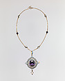 Renaissance revival pendant on chain, Carlo Giuliano (Italian, active England, ca. 1831–1895), Gold, amethyst, enamel, pearl, diamond, British