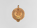 Byzantine-revival pendant in the form of an oil lamp, Castellani, Gold; glass; fabric, Italian, Rome