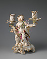 Candelabrum (one of a pair), Chelsea Porcelain Manufactory (British, 1745–1784, Gold Anchor Period, 1759–69), Soft-paste porcelain, British, Chelsea