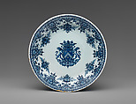 Plate with arms of the Poterat family, Faience (tin-glazed earthenware), French, Rouen
