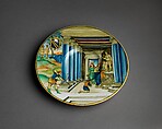 Plate with Paris Killing Achilles and arms of the Calini family, Nicolo da Gabriele Sbraghe (Italian, active by 1520–37/38), Maiolica (tin-glazed earthenware), Italian, Urbino