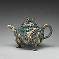 Footed teapot, Style of Whieldon type, Agateware (glazed earthenware), probably British, Staffordshire