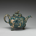 Footed teapot, Style of Whieldon type, Agateware (glazed earthenware), probably British, Staffordshire