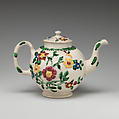 Teapot with portrait of the Young Pretender, Prince Charles Edward Stuart (1720–1788), Salt-glazed stoneware with enamel decoration, British, Staffordshire