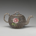 Teapot, Salt-glazed stoneware with enamel decoration, British, Staffordshire