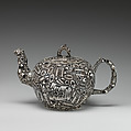 Teapot with fossil decoration, Salt-glazed stoneware with enamel decoration, British, Staffordshire