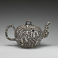 Teapot with fossil decoration, Salt-glazed stoneware with enamel decoration, British, Staffordshire