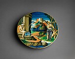 Wide-rimmed bowl with Vulcan Forging Arms with Venus and Cupid, Fra Xanto Avelli da Rovigo (ca. 1486–1582), Maiolica (tin-glazed earthenware), Italian, probably Urbino