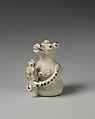 Rattle in the form of a bear hugging a small dog, Salt-glazed stoneware, British, Staffordshire