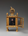 Nécessaire (one of a pair), John Barbot (British, recorded 1751–65), Gold, agate, rubies, diamonds, silver, wood carcass, silk velvet, miror glass; enamel miniature; glass, enamel, topaz; movement: gilded brass, steel, enamel face; shagreen on wood with gold piqué ornament and gilt-brass mounts, British, London