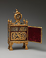 Nécessaire incorporating a watch (one of a pair), John Barbot (British, recorded 1751–65), Gold, agate, rubies, diamonds, silver, wood carcass, silk velvet, mirror glass; glass, enamel, ivory, steel; movement: gilded brass, steel; enamel face, British, London