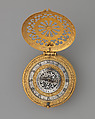 Watch with alarm, Movement by Nicholas Vallin (Flemish, active ca. 1590–died 1603), Case: gilded brass; movement: gilded brass, with an alarm train of iron, British, London