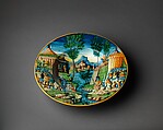 Dish or plate with Hannibal Encountering Roman Troops in Italy, Probably workshop of Guido Durantino (Italian, Urbino, active 1516–ca. 1576), Maiolica (tin-glazed earthenware), Italian, Urbino