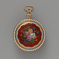 Watch, Watchmaker: Grayhurst, Harvey & Co. (recorded 1805–30), Case of gold, enamel, and pearls, with floral design; jeweled movement, with ruby cylinder escapement, British, London