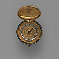 Watch, Watchmaker: Simon Hackett (before 1620–1664, active 1630–60, master 1646), Case: enamel, glass, gold, and gilded brass; Movement: gilded brass and steel, partly blued, British, London movement with French case