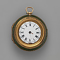 Triple-cased watch, Watchmaker: Firm of Clarke & Dunster (partners 1703–ca. 1725/30), Outer case: brass and shagreen, piqué; middle case: gold; dial: white enamel; movement: gilded brass and steel with silver dust cover, British, London
