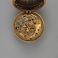 Triple-cased watch, Watchmaker: Firm of Clarke &amp; Dunster (partners 1703–ca. 1725/30), Outer case: brass and shagreen, piqué; middle case: gold; dial: white enamel; movement: gilded brass and steel with silver dust cover, British, London