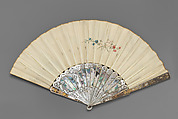 Fan depicting Psyche crowning a maiden, Painted paper; carved and pierced mother-of-pearl, metal foil; metal, glass, British