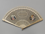 Brisé fan with script initials, Pierced and painted ivory; silk ribbon; metal, mother-of-pearl, British