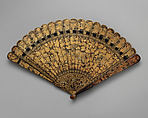 Brisé Fan, with Figures, Pavilions, and Fantastical Beasts, Lacquered wood, Chinese, for the European Market