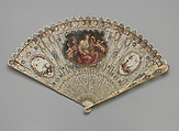 Brisé fan with depiction of allegorical figure of Music, Francesco Bartolozzi Italian, Pierced, gilded, and painted ivory; painted paper; printed and painted silk ribbon; glass, British