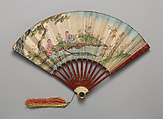 Lorgnette Fan with Scene of Figures in a Courtyard Garden, Paper, ivory, and silk, Chinese, for the European Market