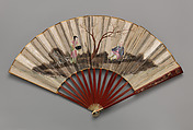 Folding Fan with Scene of Figures in a Landscape, Paper, wood, mother-of-pearl, ivory and tortoiseshell, Chinese, for the European Market