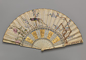 Folding Fan with Trompe l'Oeil Representations of Fans, Scrolls, and Figure Groups, Gouache on parchment; gilded ivory, Chinese, for the European Market