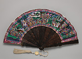 Folding Fan with Scene of Figures in a Courtyard Garden and a Stately Procession, Paper, tortoiseshell, silk, and ivory, Chinese, for the European Market