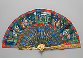 Folding Fan with Scene of Figures in a Courtyard Garden, Paper and metal, Chinese, for the European Market