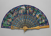 Folding Fan with Scene of Figures in a Courtyard Garden, Paper and metal, Chinese, for the European Market