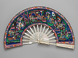 Folding Fan with Scene of Figures in a Courtyard Garden, Paper and mother-of-pearl, Chinese, for the European Market