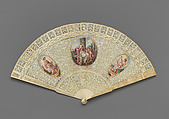 Brisé fan, with representations of classical figures flanking Venus and Cupid, Based on a composition by Angelica Kauffmann (Swiss, Chur 1741–1807 Rome), PIerced, carved, gilded and painted ivory; painted paper; metal, Chinese, for British market