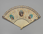 Brisé fan with three painted reserves, Pierced, painted and gilded ivory; jasperware; enameled metal; glass, British