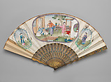 Folding Fan with Three Scenes of Figures in a Courtyard Garden, Painted and gilt paper, enameled brass, Chinese, for the European Market