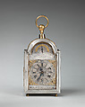 Traveling clock with alarm and calendar, Probably by Joseph Paulet (probably French, active 1687–1716), Case and dial: silver, partially gilded; brass, partially gilded; steel, British, London