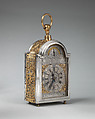 Traveling clock with alarm and calendar, Probably by Joseph Paulet (probably French, active 1687–1716), Case and dial: silver, partially gilded; backplate of movement: brass, silver partially gilded; steel, British, London