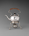 Miniature kettle and stand, John Le Sage  British, Silver, wood, cane, British, London