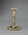 Pair of candlesticks (part of a toilet service), William Fowle (1658–1684, active 1681–84), Silver gilt, British, London